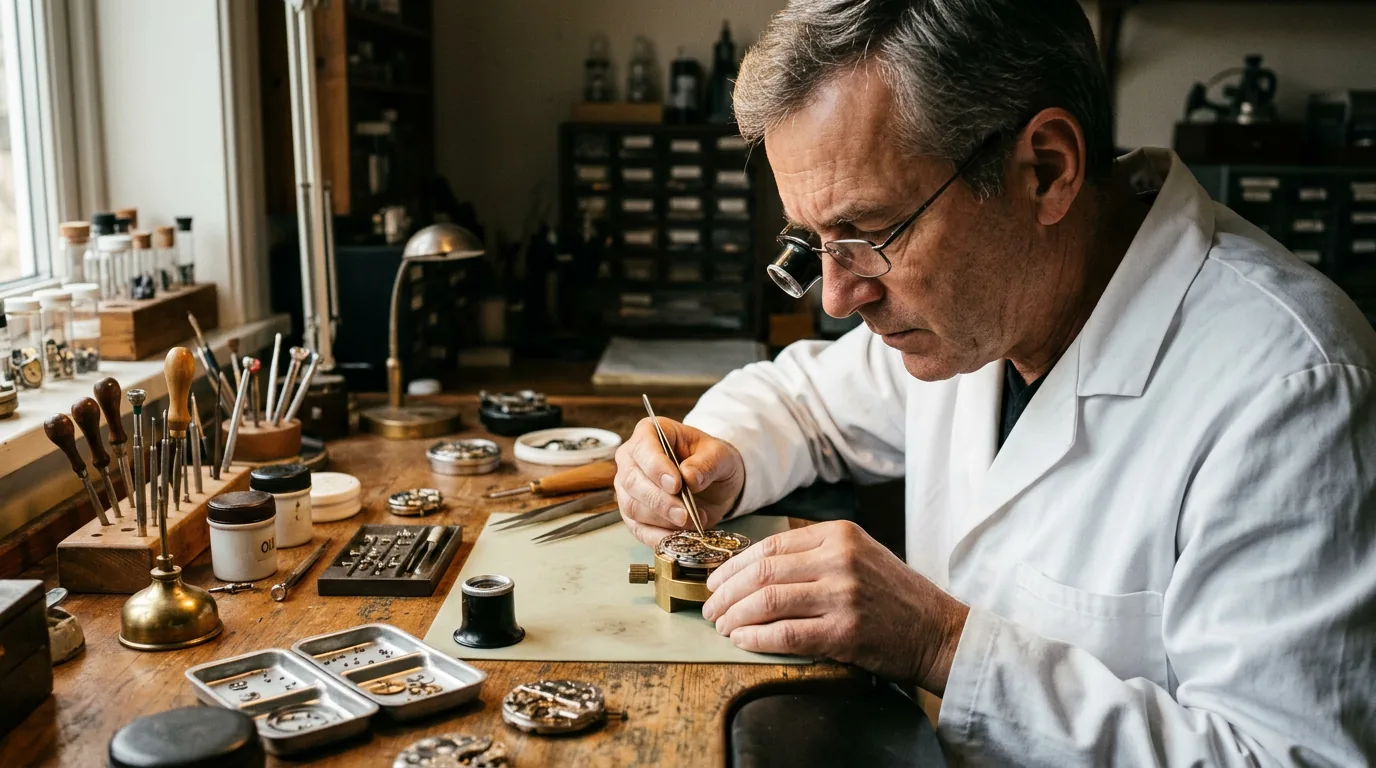 Horloger Viceroy ajustant un mouvement mécanique