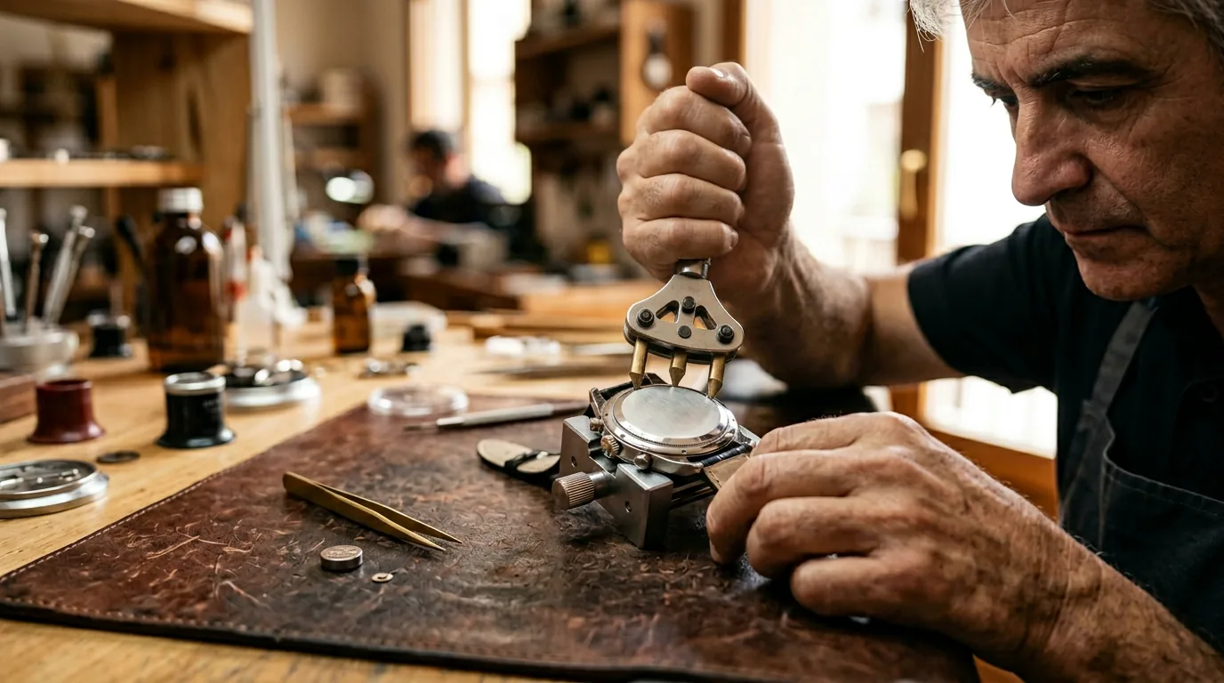 Horloger en train d'ouvrir le fond d'une Viceroy sur un tapis d'atelier