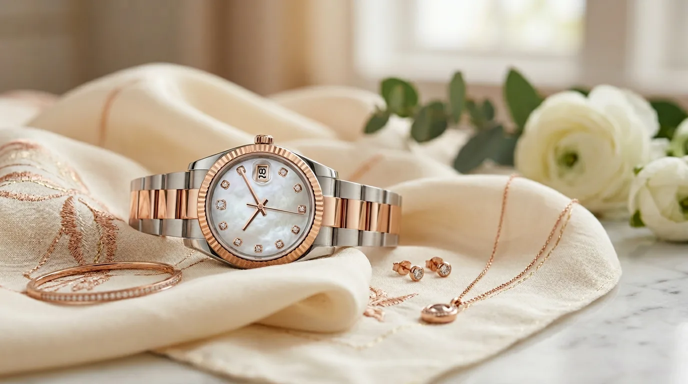 Collection Viceroy femme sur tissu soie crème : bicolore, mother of pearl, bracelet bijou