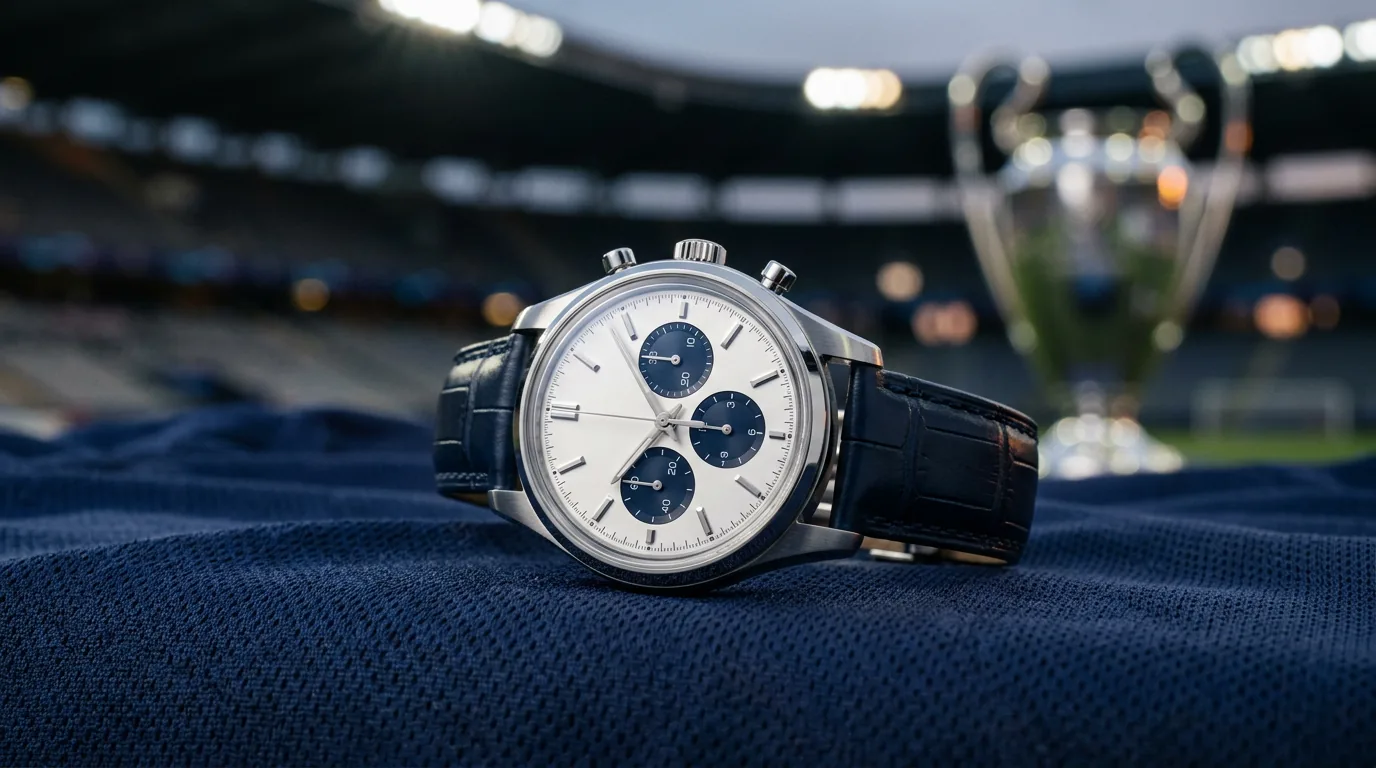 Chronographe Viceroy cadran blanc sur tissu sportif bleu marine évoquant le Real Madrid