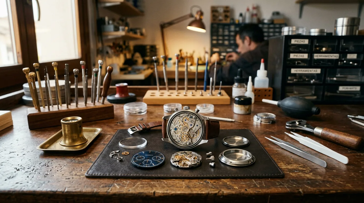Atelier d'horloger avec outils et pièces d'une montre Viceroy démontée